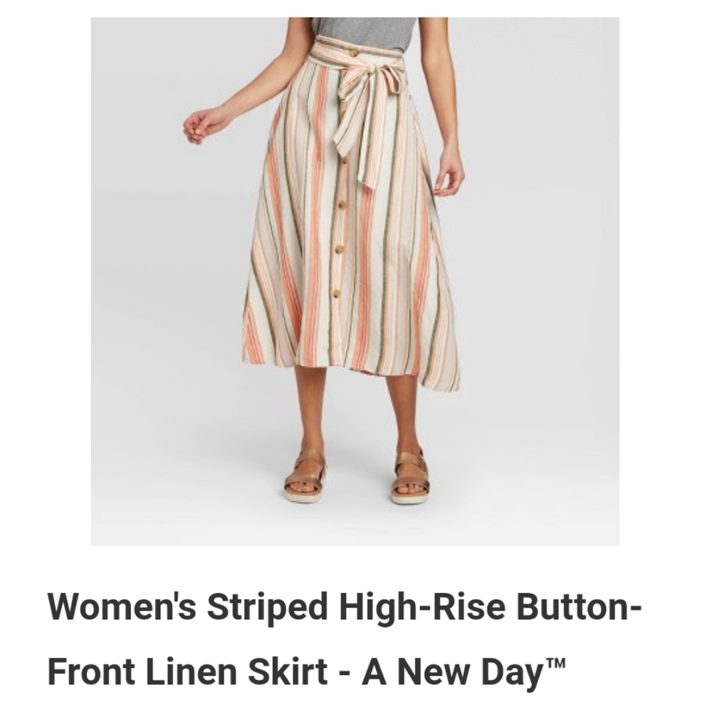 Striped High rise Midi Button-front Linen Skirt